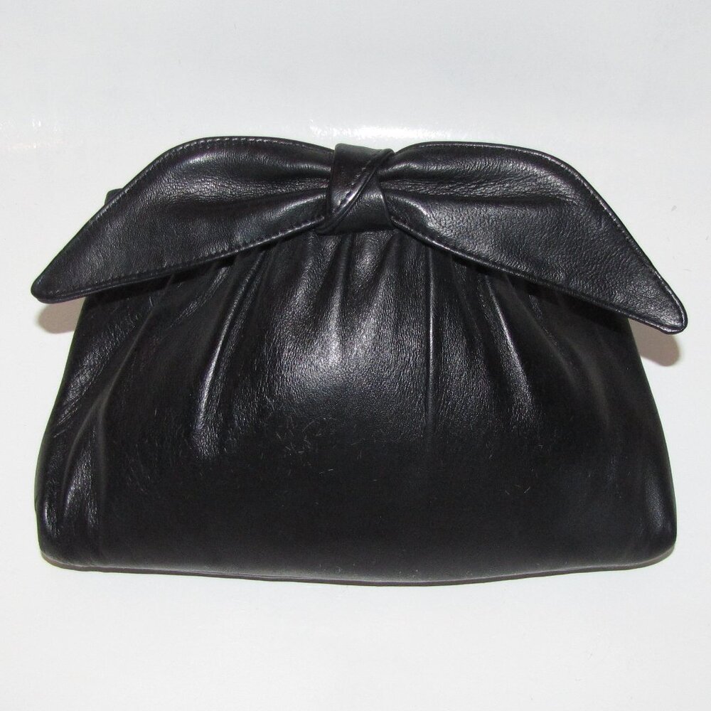 Elegant Vintage Black Leather Bow Clutch, EUC